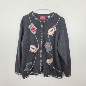 Holiday Lodge Gray Wool Rabbit‎ Hair Grandmacore Mittens Winter Cardigan Size 1X